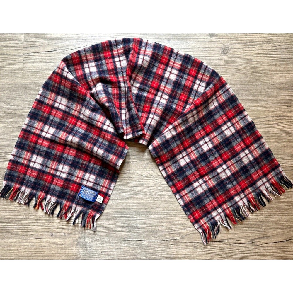 Vintage Pendleton 100% Virgin Wool Plaid Scarf Red Gray Navy Made in USA